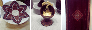 foto a la izquierda con Cesta siri con motivo de flor, al centro foto de nacimiento a base de hueso labrado y a la derecha foto de tapete tejido de lana con tintes naturales y cosmovisión nahua